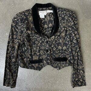 Vintage Karin Stevens Blazer Jacket Womens 10 Petite Black Floral Velvet Trim